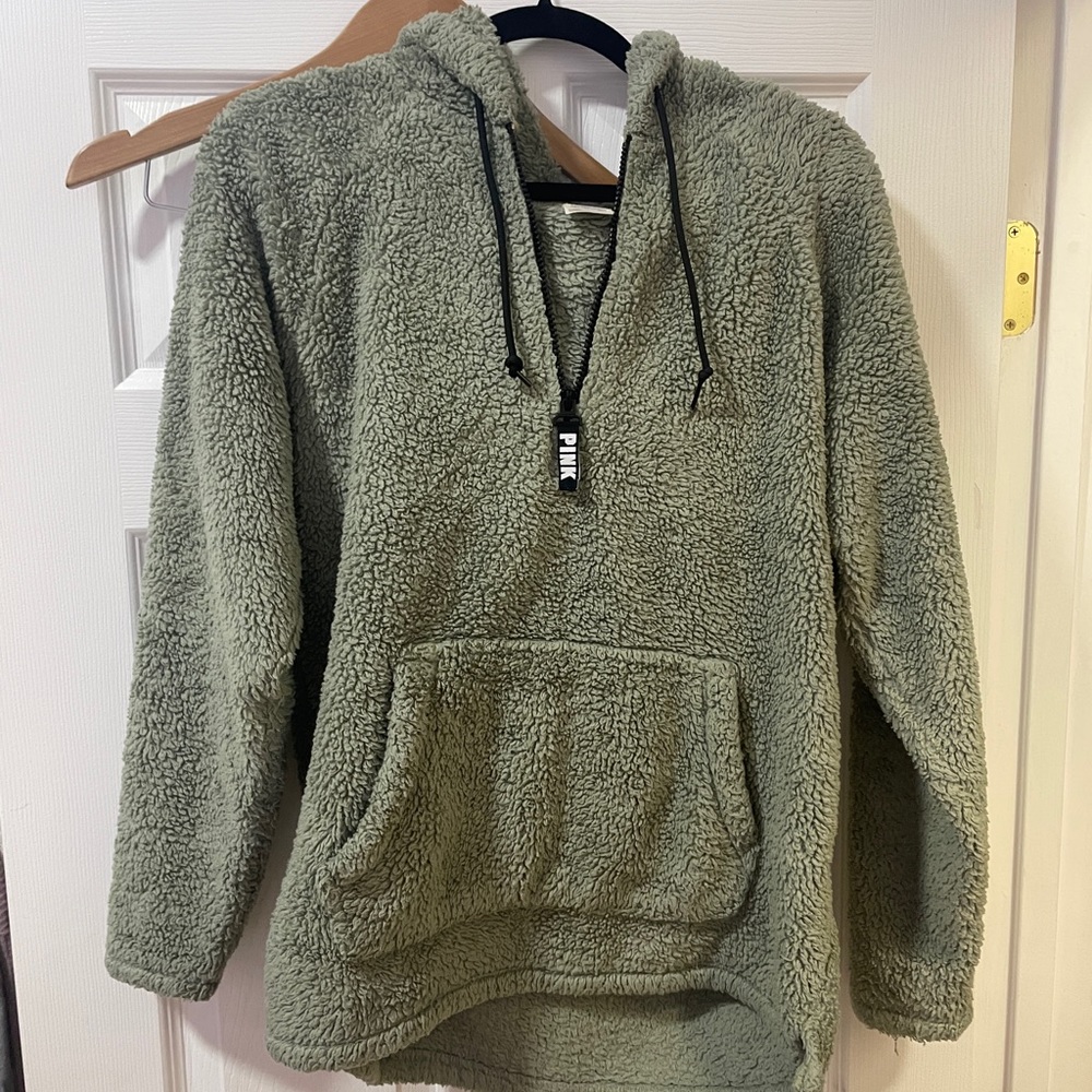 VS PINK green fleece half zip pullover w hood